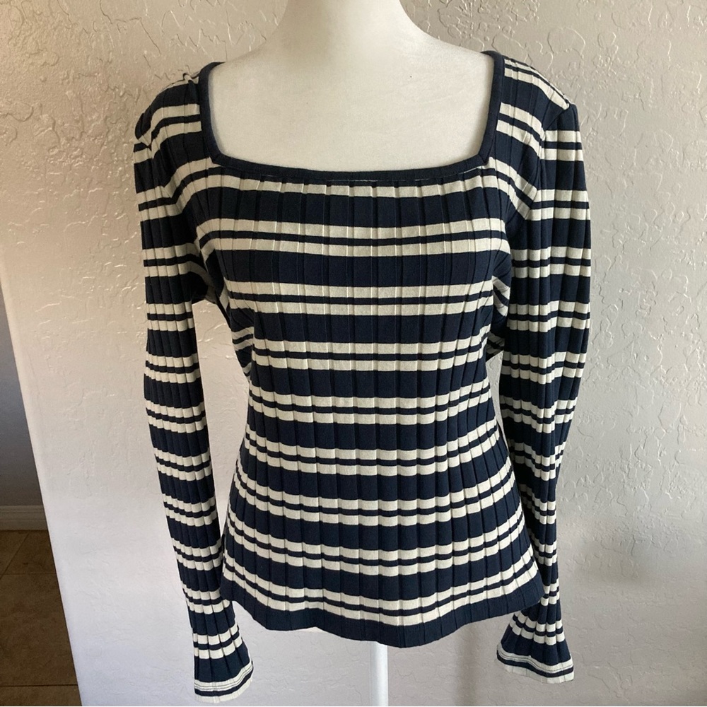 LL Bean Signature Navy White Striped Square Neck Ribbed Long Sleeve Top Size L